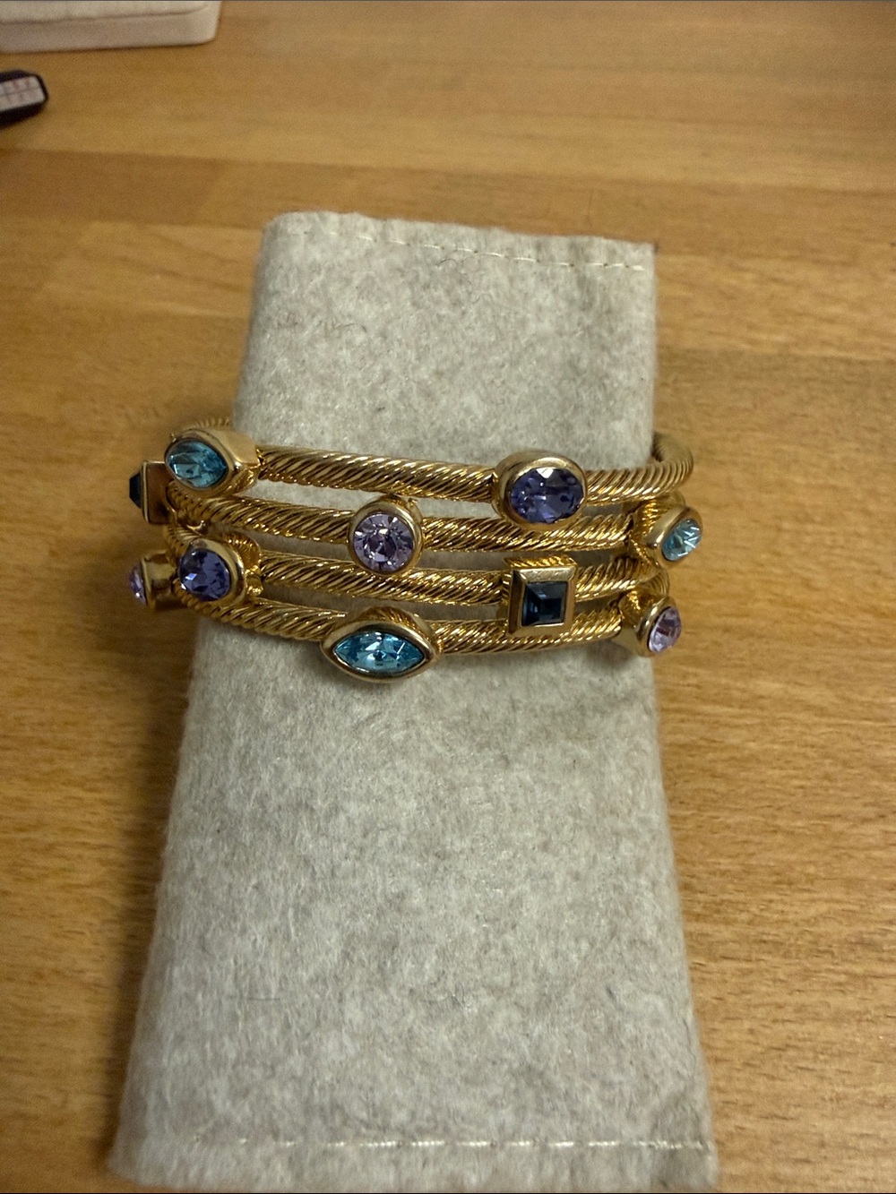 Gold tone braided wide multistrand rigid cuff open bracelet pastel rhinestone - Picture 1 of 3